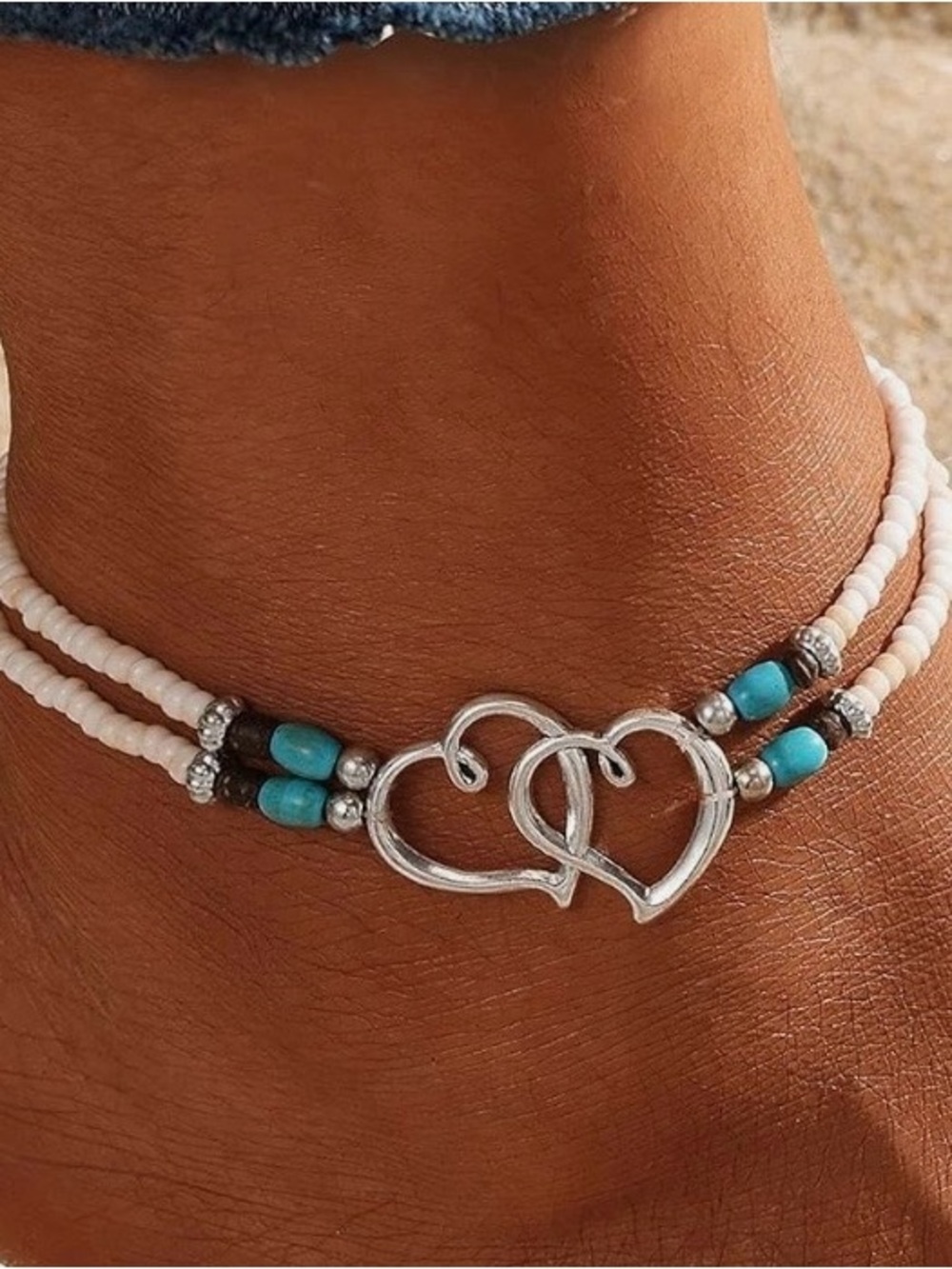 Source Unknown White & Turquoise Double Heart Beaded Anklet Bracelet